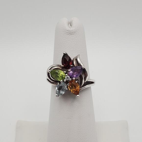 Sterling Silver Amethyst Garnet Topaz Citrine Peridot CZ Flower Ring Size 6 - Picture 1 of 12